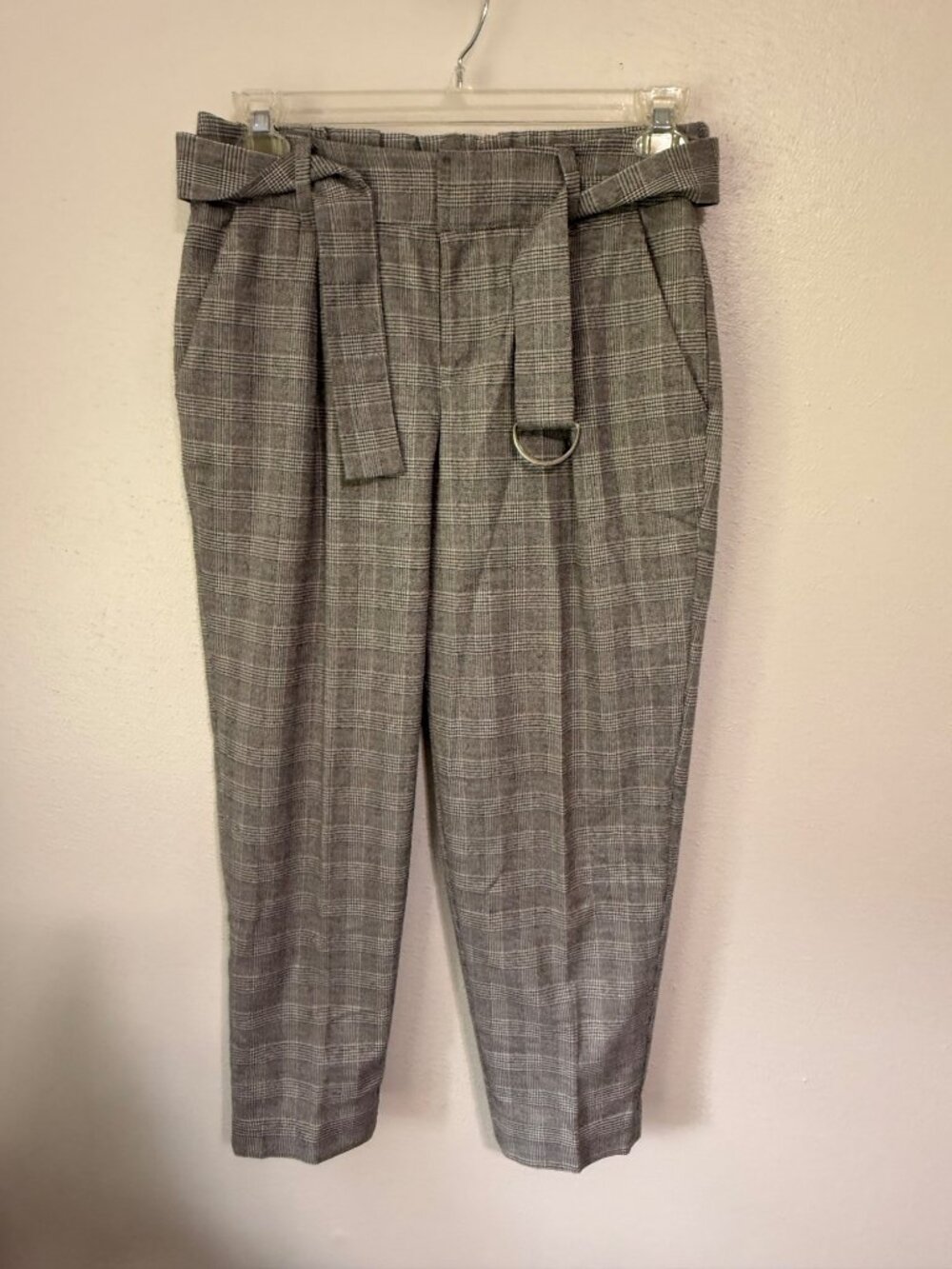 A New Day Dress Pants Gray Glen Plaid High Waist Belt Trousers Womans 8